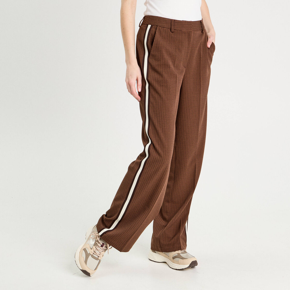 Pantalon large bandes c&ocirc;t&eacute;s marron fonc&eacute; femme