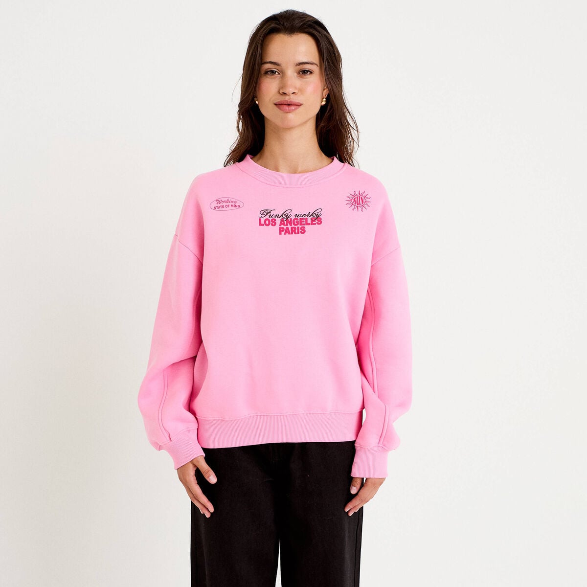 Sweat col rond manches longues rose femme