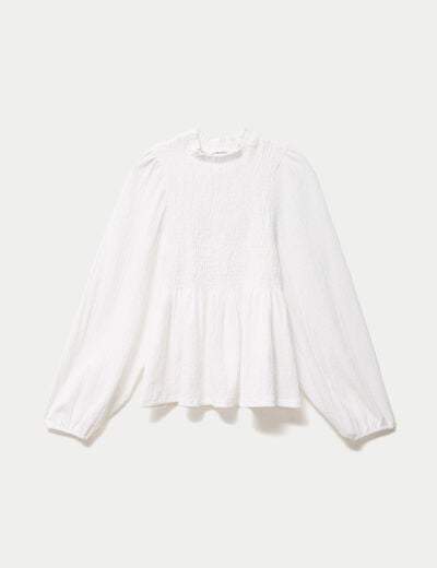 Blouse droite manches longues pliss&eacute;e ecru femme