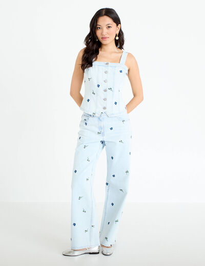 Jean wide leg brod&eacute; Bridgerton bleu clair femme