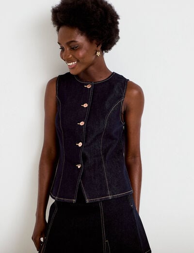 Gilet cintr&eacute; sans manches en jean denim brut femme