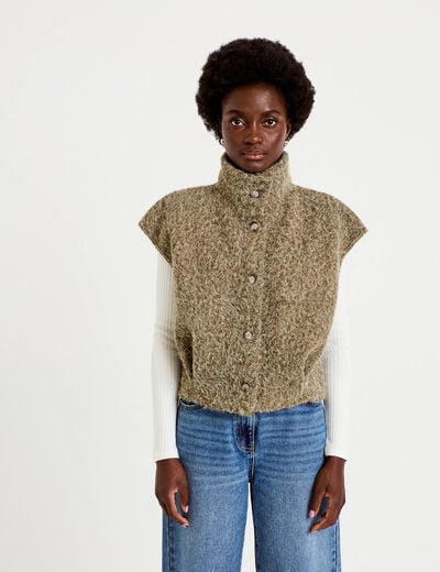 Veste sans manches col montant vert kaki femme