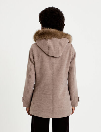 Manteau mi-long &agrave; capuche taupe femme