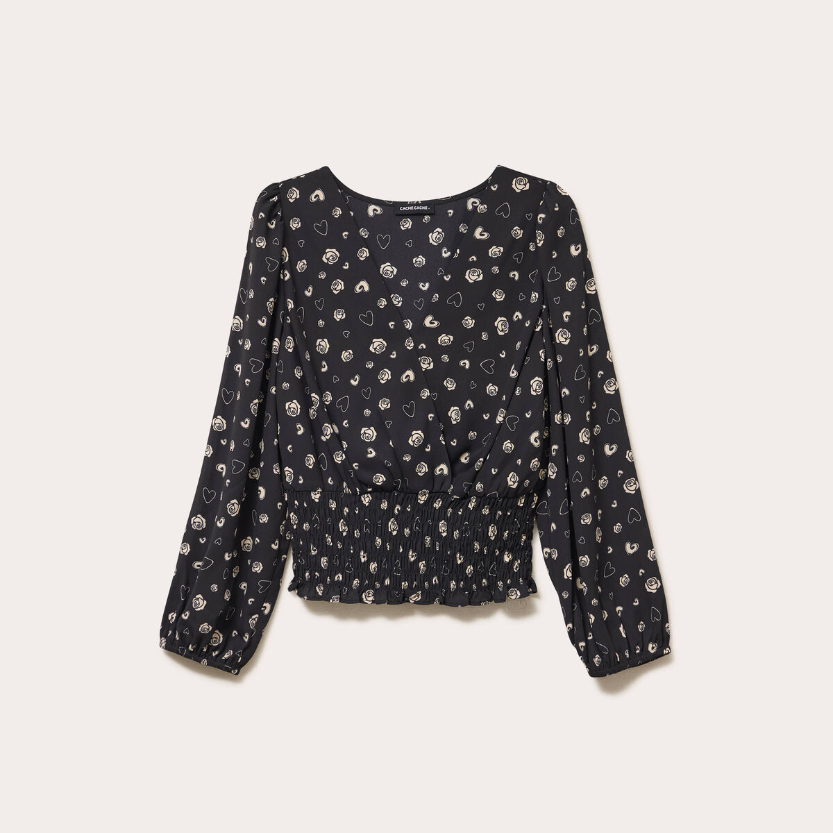 Blouse courte taille smock&eacute;e noir femme