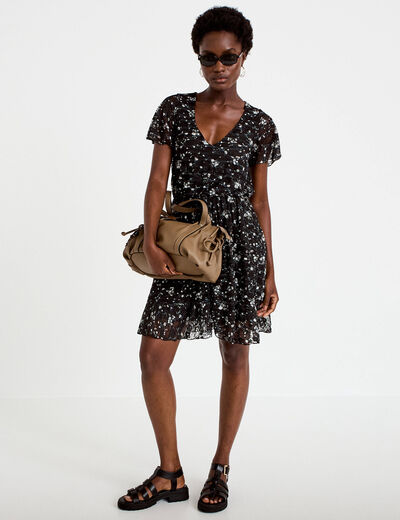 Robe courte &eacute;vas&eacute;e en dentelle col v noir femme
