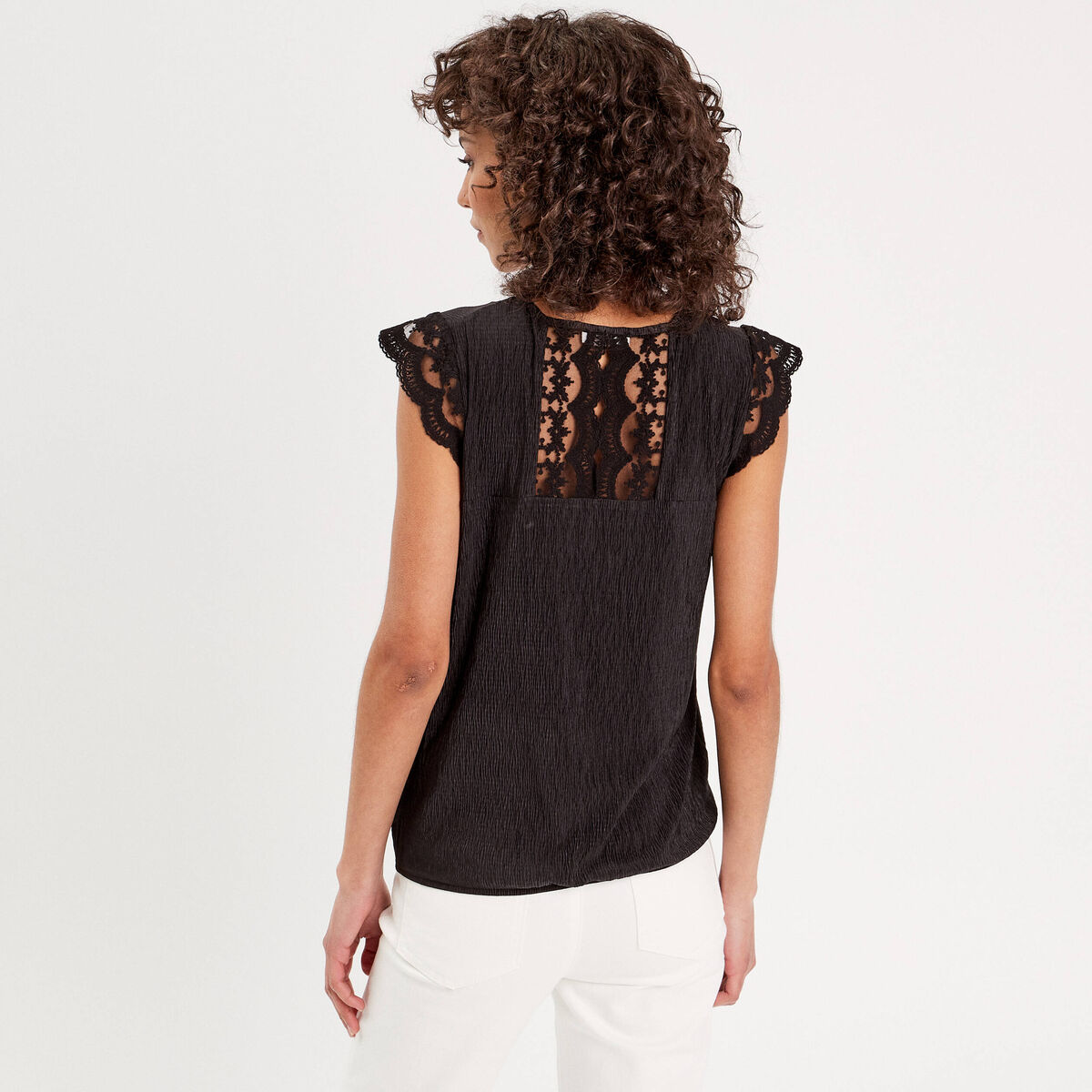 Blouse sans manches pliss&eacute;e noir femme