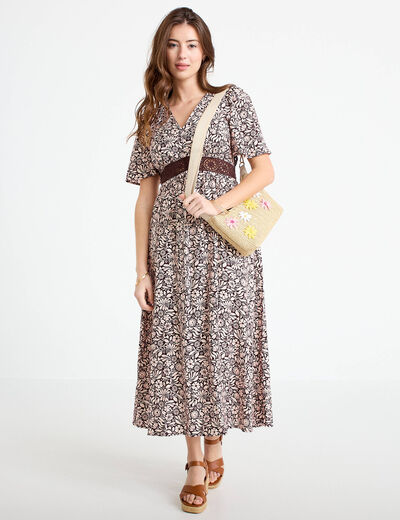 Robe longue &eacute;vas&eacute;e col v manches courtes marron femme