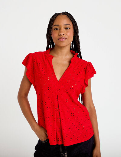 Blouse ajour&eacute;e col v manches courtes rouge femme