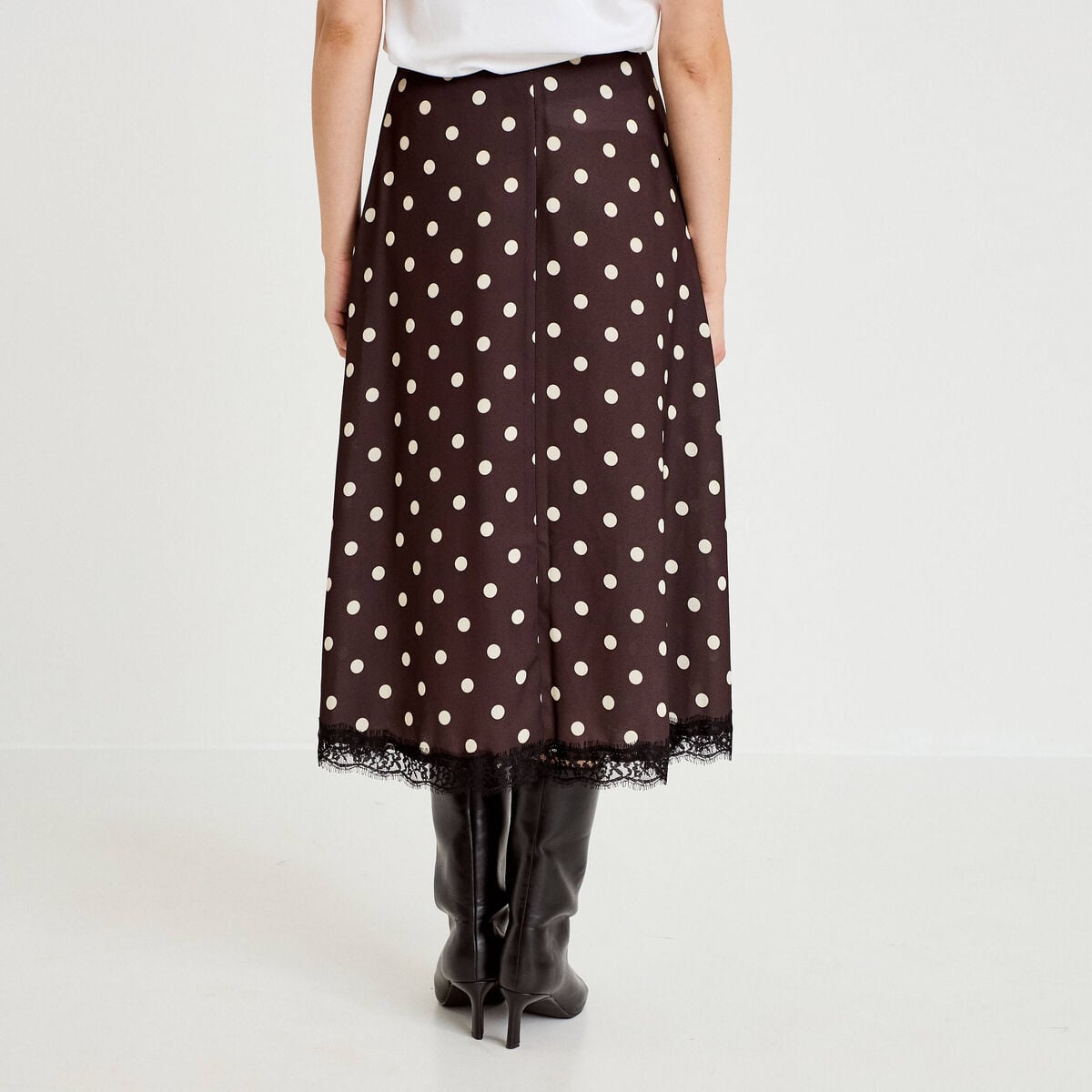 Jupe &eacute;vas&eacute;e 3/4 en dentelle marron femme