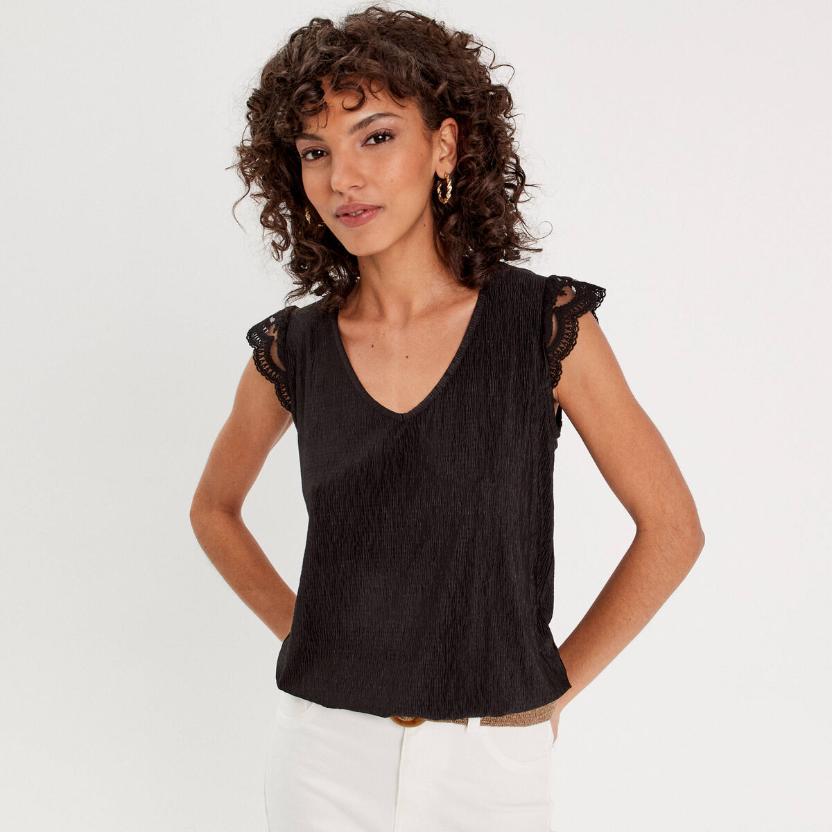 Blouse sans manches pliss&eacute;e noir femme