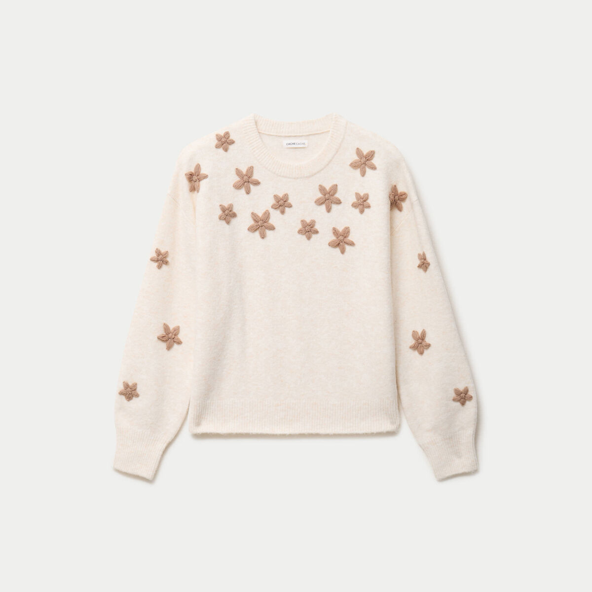 Pull oversize brod&eacute; manches longues ecru femme