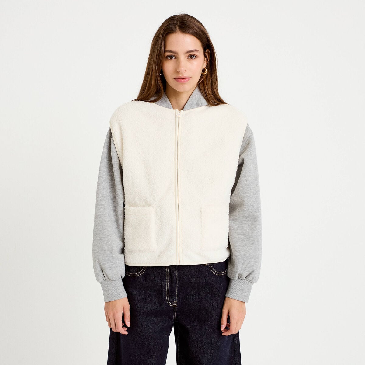 Gilet sans manches bouclette ecru femme