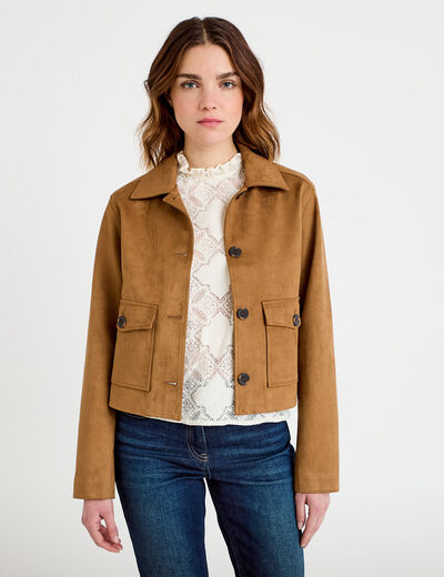 Veste droite cropped aspect daim camel femme