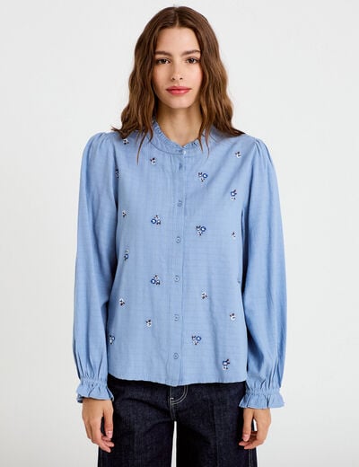 Blouse droite courte col v broderie bleu femme
