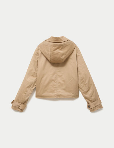 Trench droit court &agrave; capuche amovible beige femme