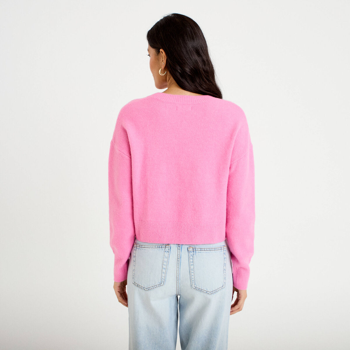 Gilet col rond manches longues avec lien rose clair femme