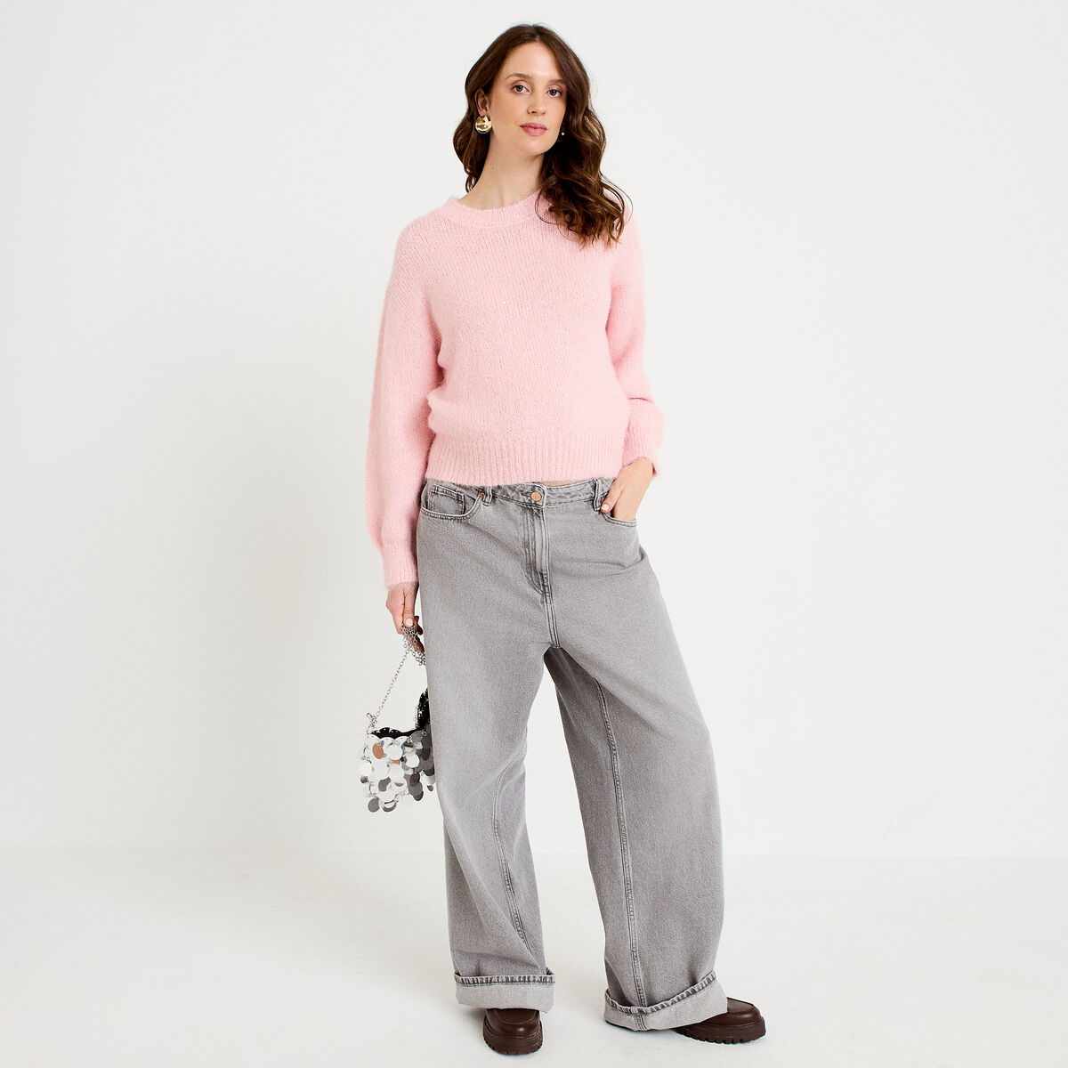 Jeans wide leg taille haute denim gris femme