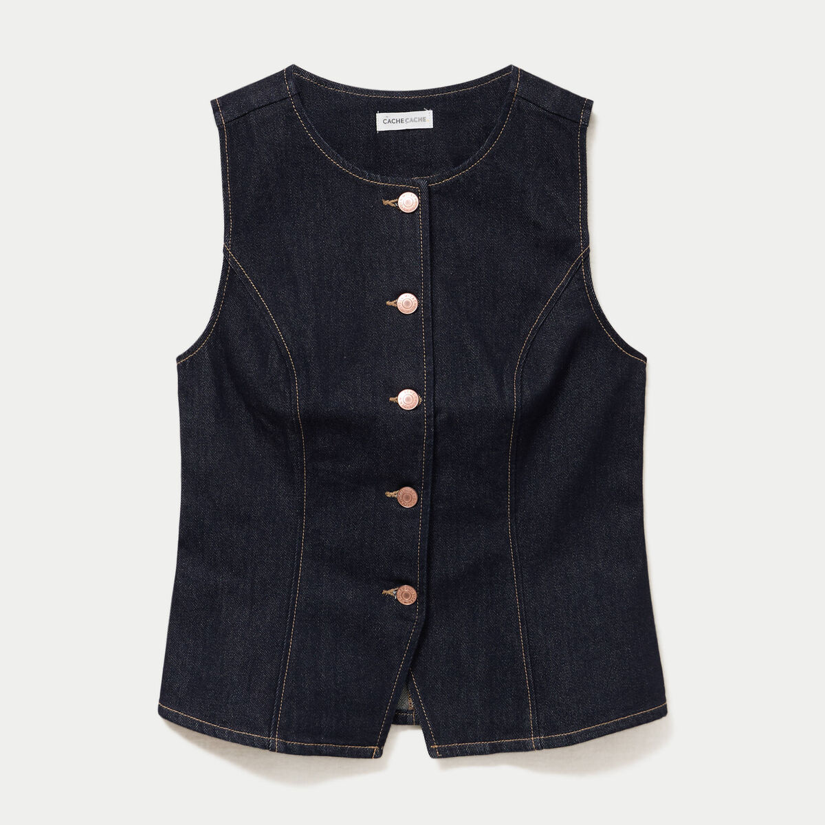 Gilet cintr&eacute; sans manches en jean denim brut femme