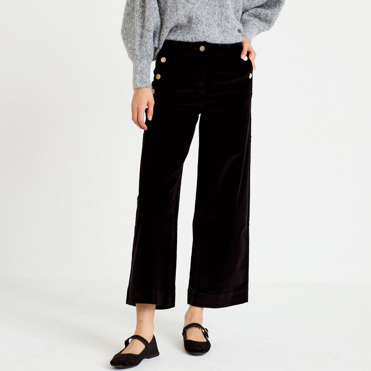 Pantalon bootcut taille haute velours noir femme