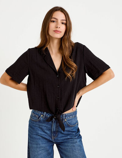 Chemise droite pliss&eacute;e manches courtes noir femme