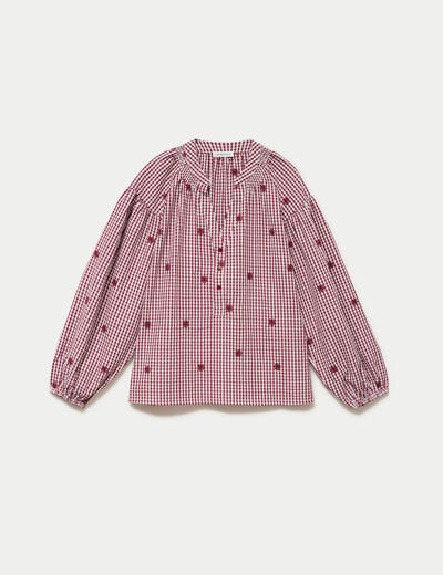 Blouse vichy brod&eacute;e rouge femme