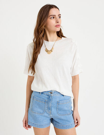 T-shirt col rond manches courtes brod&eacute; ecru femme