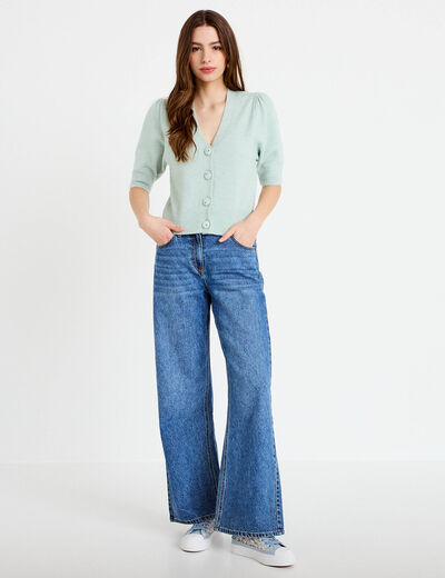 Pull manches courtes boutons brod&eacute;s vert pastel femme