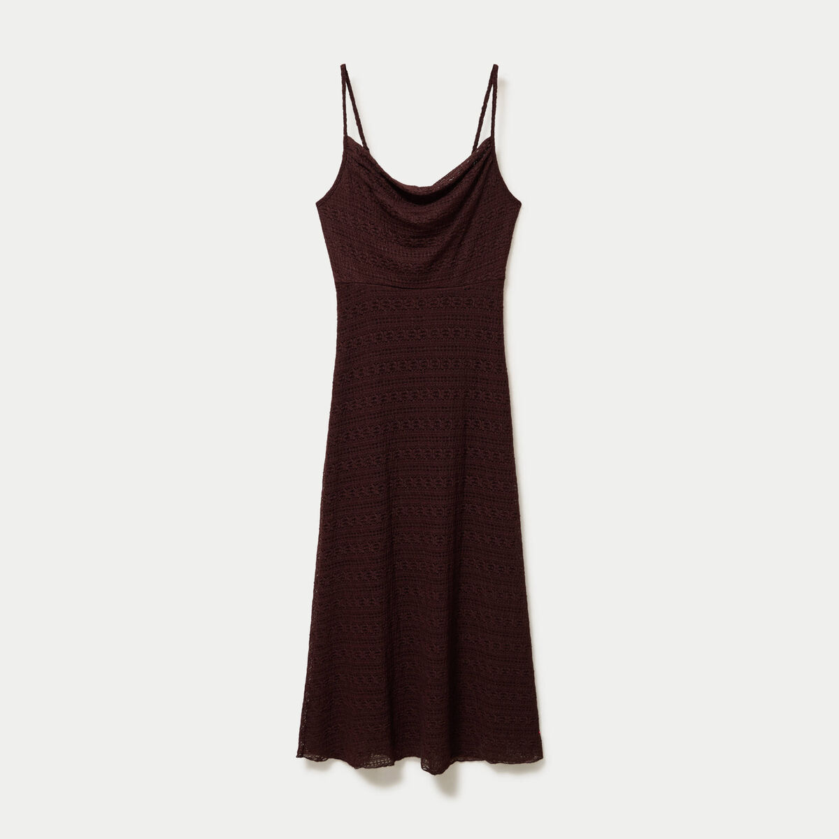 Robe longue droite col b&eacute;nitier dentelle marron femme