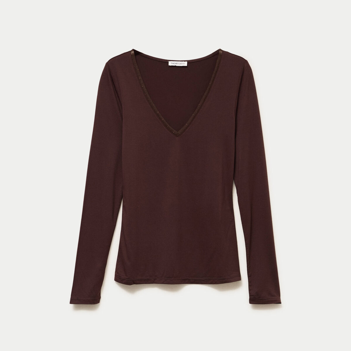T-shirt thermique col en V plumetis marron fonc&eacute; femme