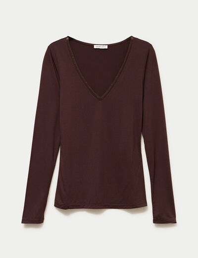 T-shirt thermique col en V plumetis marron fonc&eacute; femme