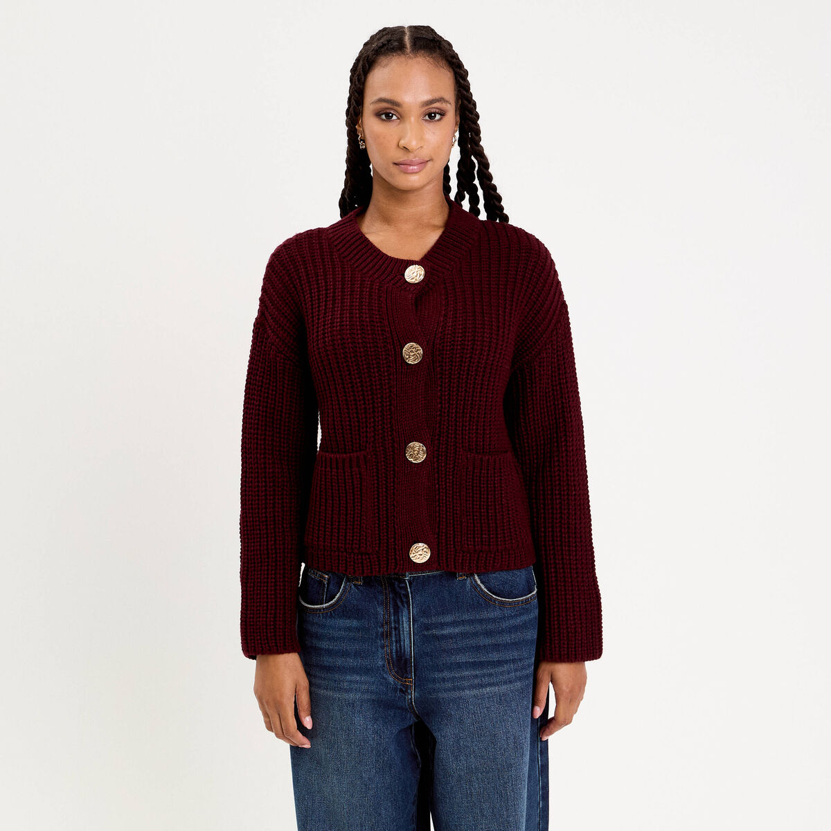 Gilet manches longues violet fonc&eacute; femme