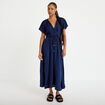 Robe longue &eacute;vas&eacute;e col v satin&eacute;e bleu marine femme