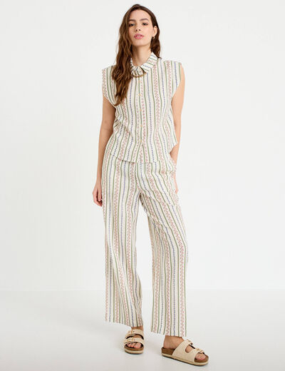 Pantalon large taille &eacute;lastiqu&eacute;e beige femme