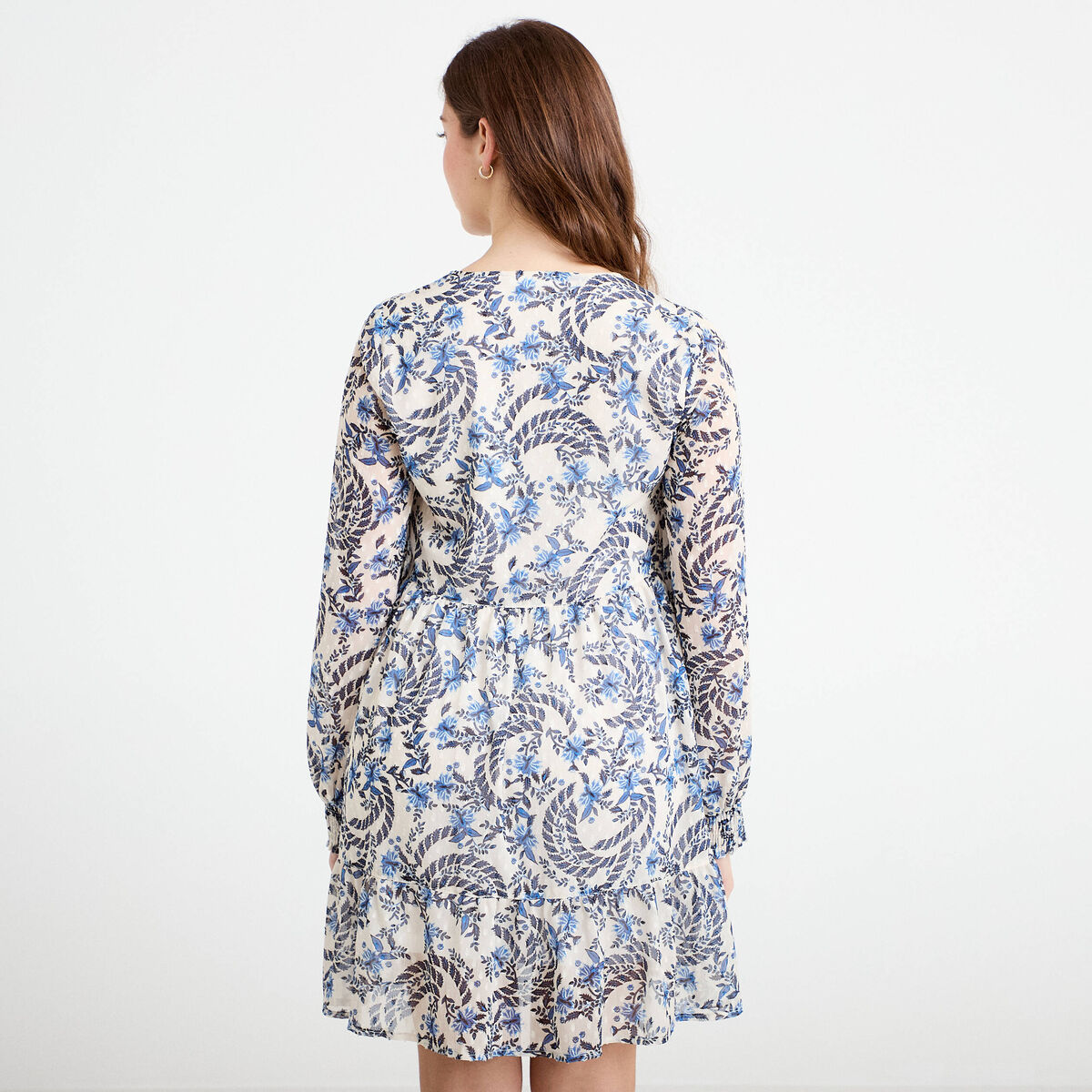 Robe droite col v manches longues blanc femme