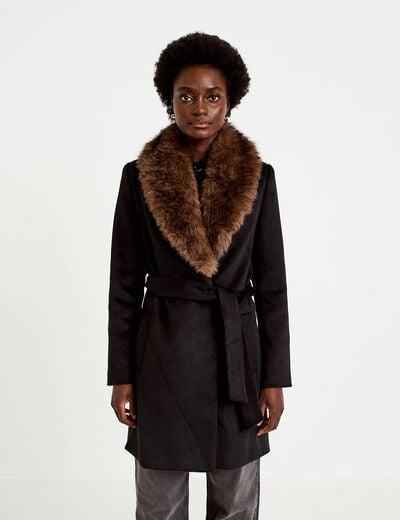 Manteau cintr&eacute; col ch&acirc;le manches longues noir femme
