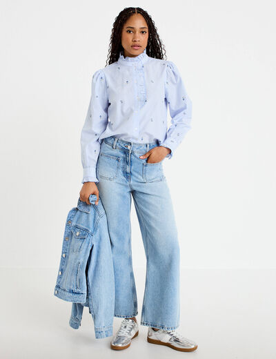 Chemise droite manches longues bleu ciel femme