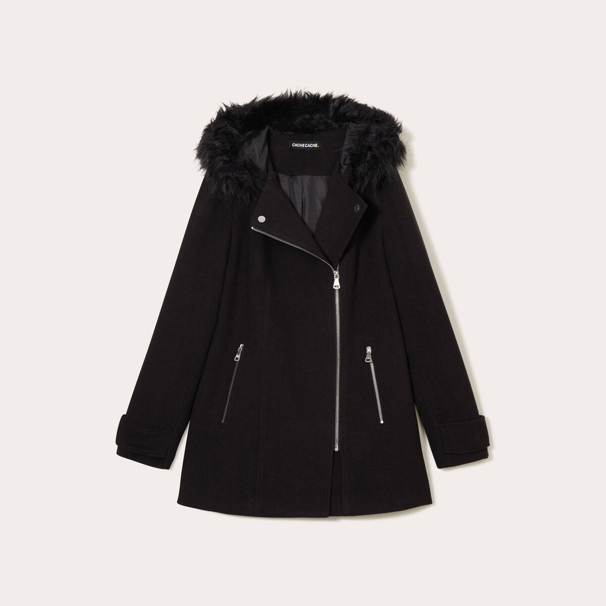 Manteau droit avec capuche noir femme