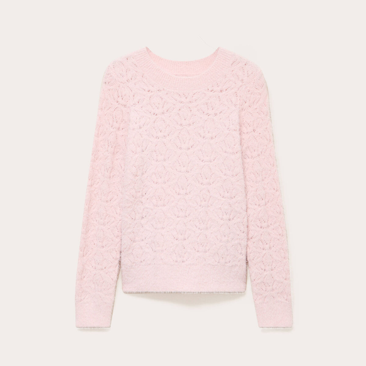 Pull ajour&eacute; col rond manches longues rose pastel femme