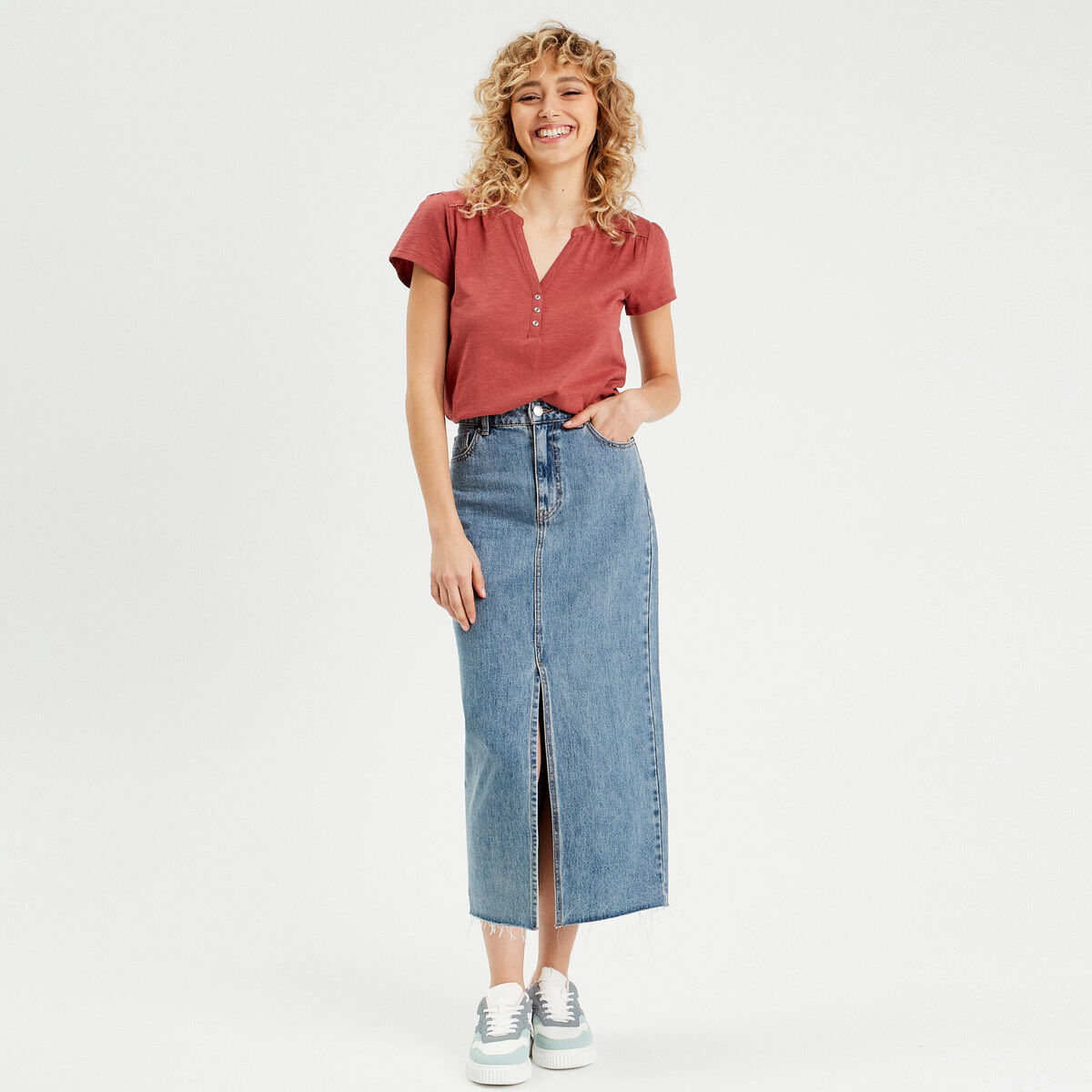 T-shirt boutonn&eacute; sur le devant vieux rose femme