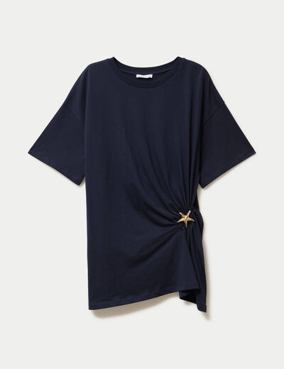 T-shirt &agrave; fronces avec bijou bleu marine femme