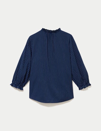 Blouse ample broderie manches 3/4 bleu femme