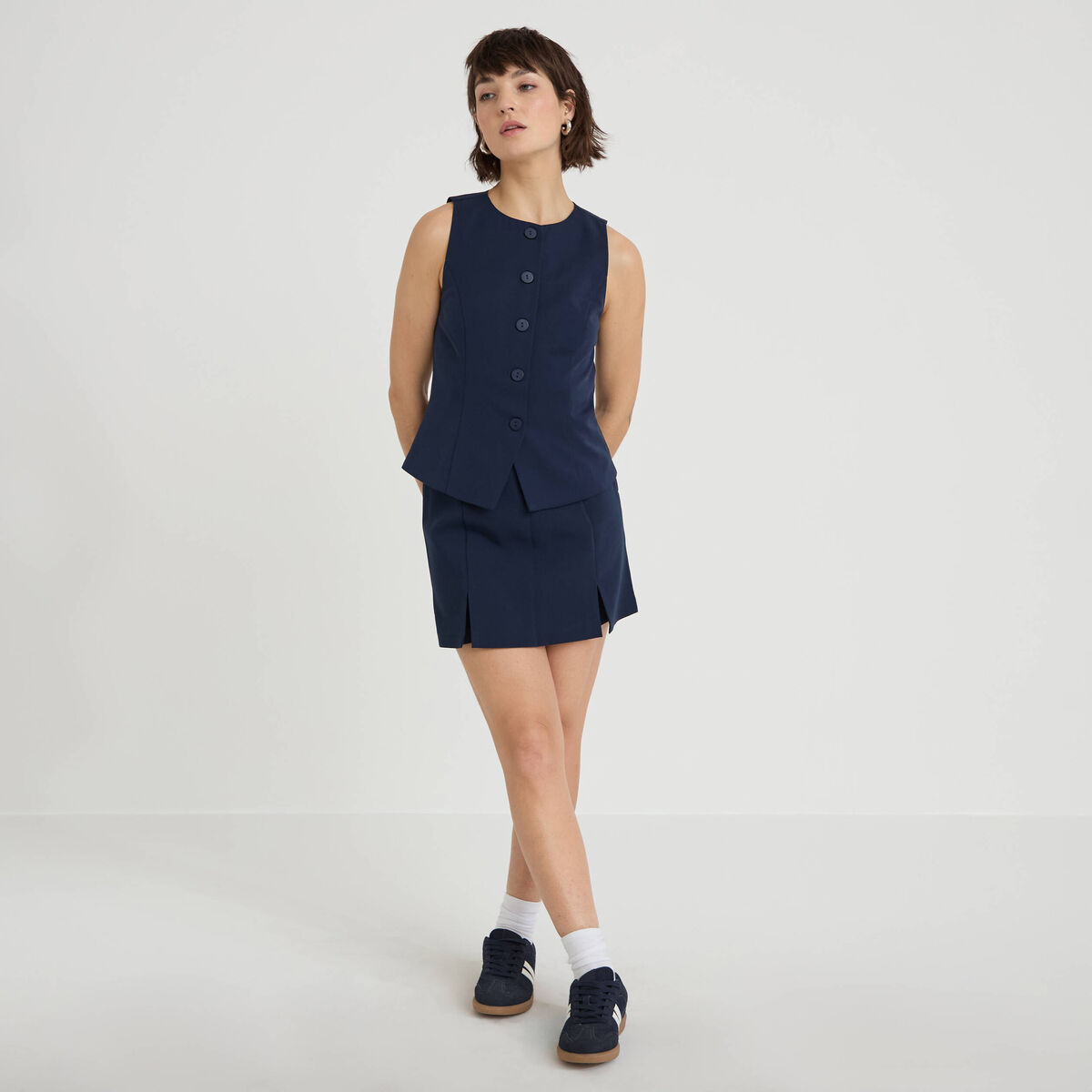 Jupe-short droite fentes bleu marine femme