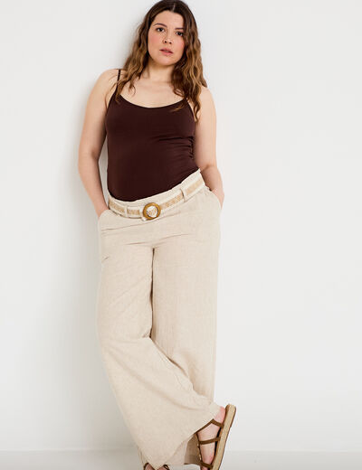 Pantalon large avec ceinture amovible beige femme