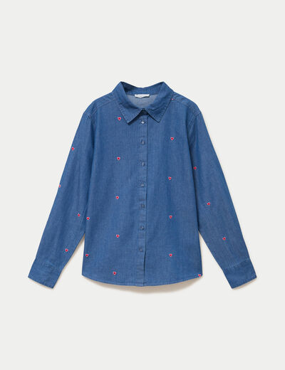 Chemise droite en jean col am&eacute;ricain denim stone femme