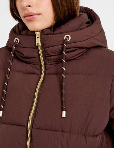 Doudoune droite cropped &agrave; capuche marron fonc&eacute; femme