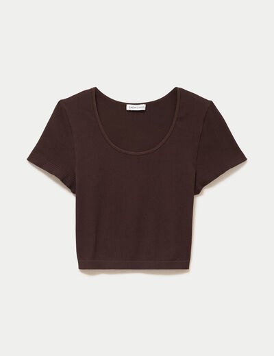 Crop top sans couture col rond marron fonc&eacute; femme