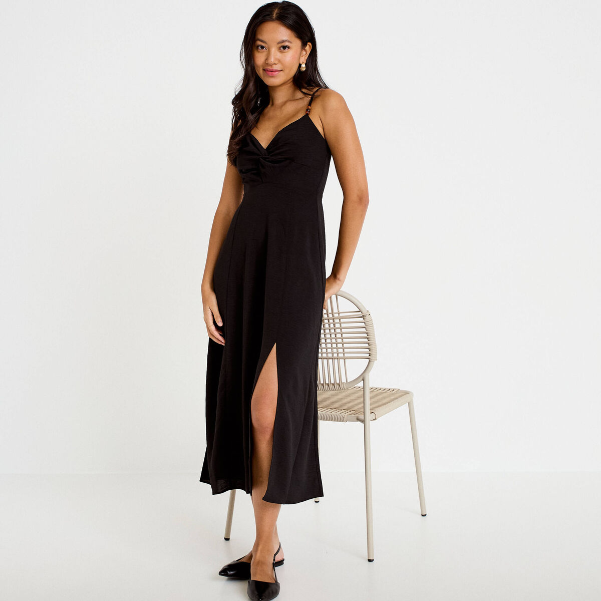 Robe longue &eacute;vas&eacute;e fendue noir femme