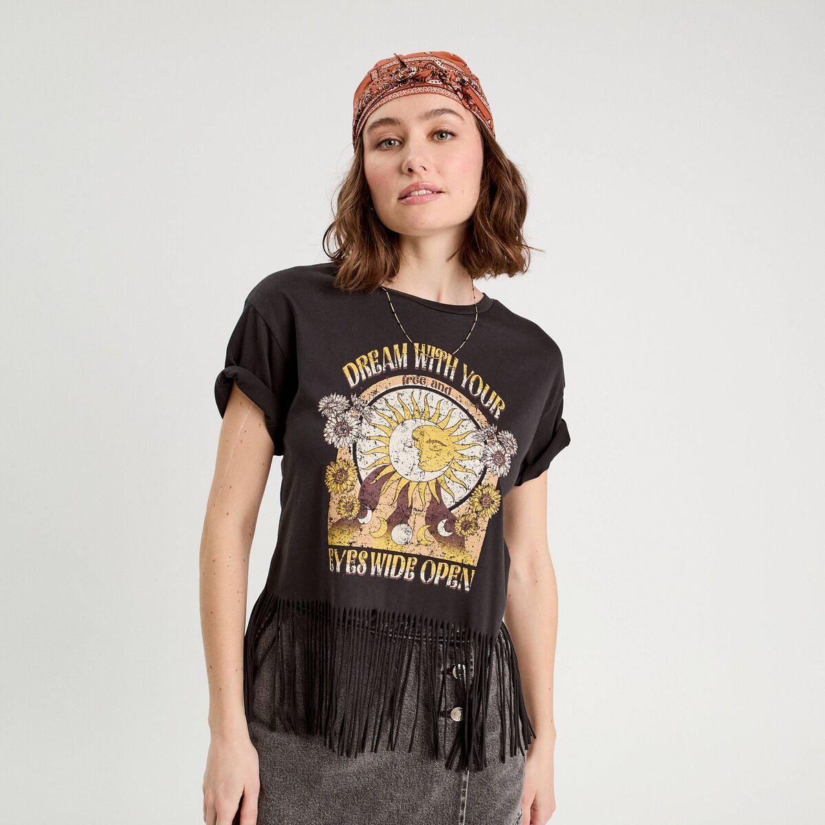 T-shirt avec franges noir femme