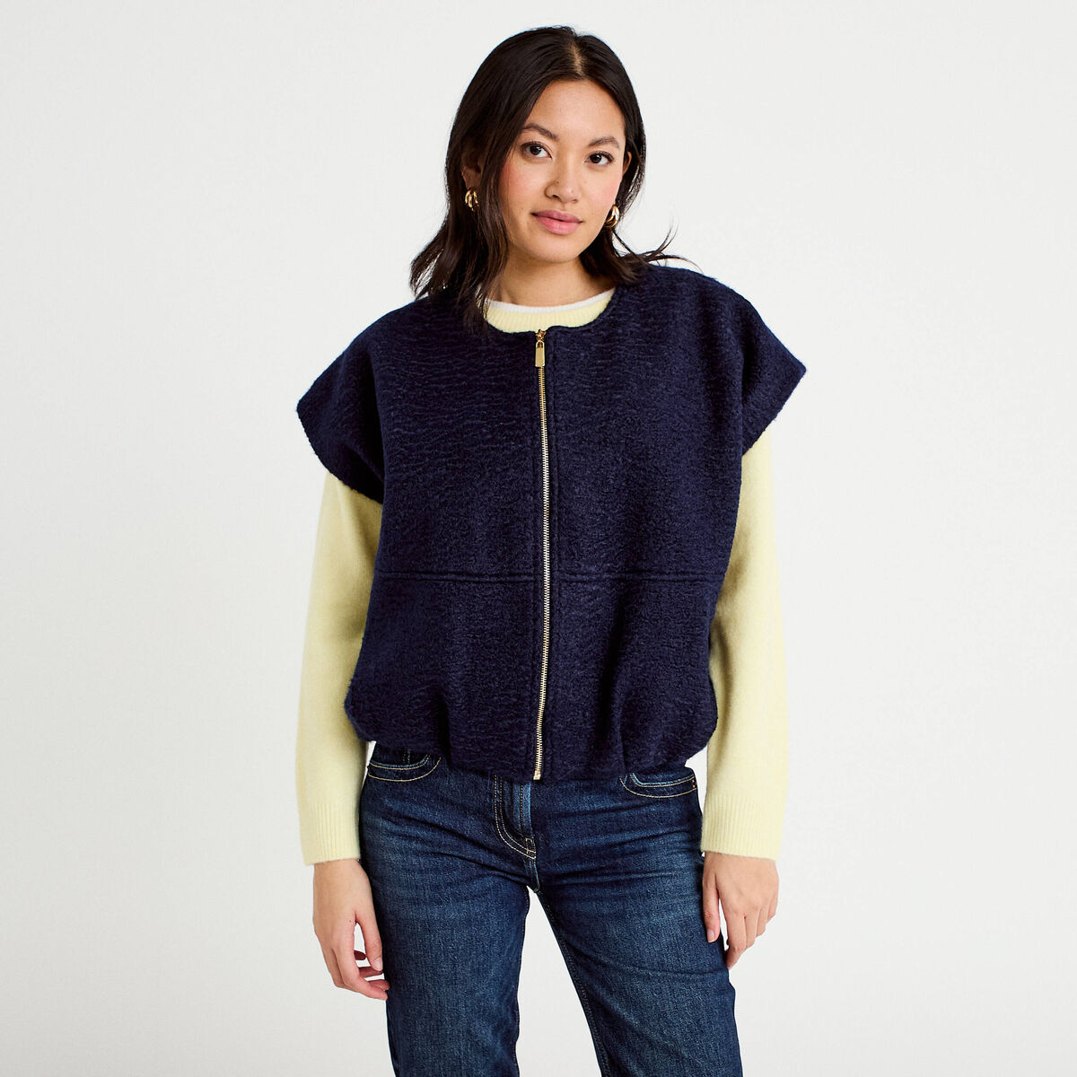 Veste oversize sans manches col rond bleu marine femme