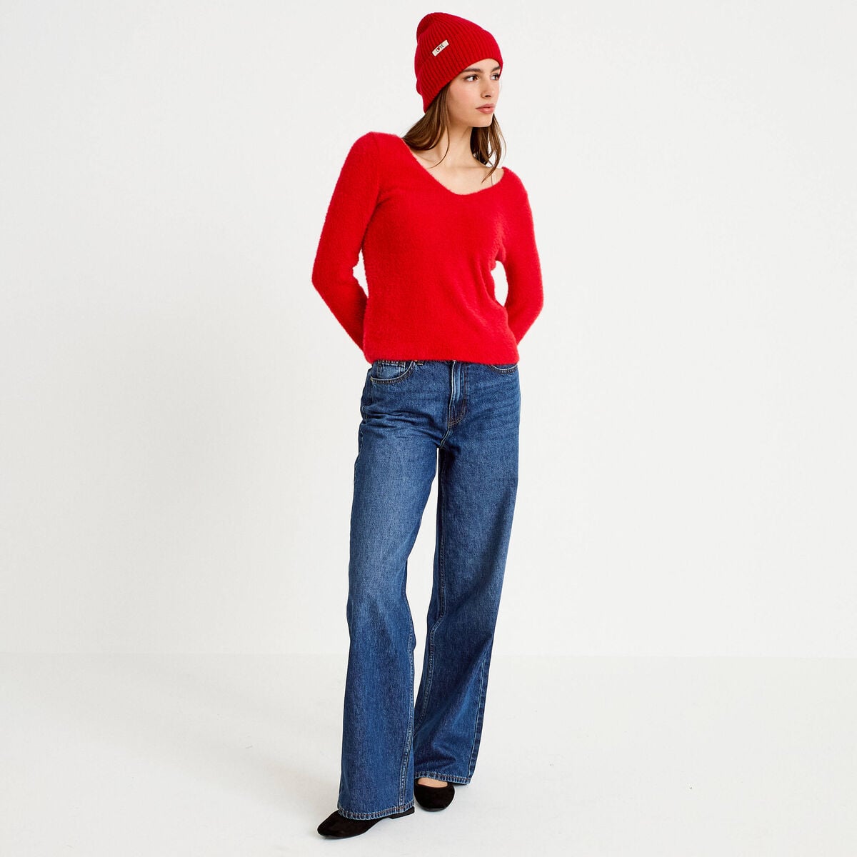 Pull col v manches longues rouge femme